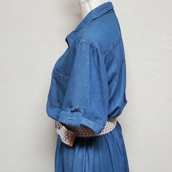 Vintage 90s KDK Light Wash Blue Chambray Lace Belted Side Pocket Midi Dress 14 - Picture 9 of 16